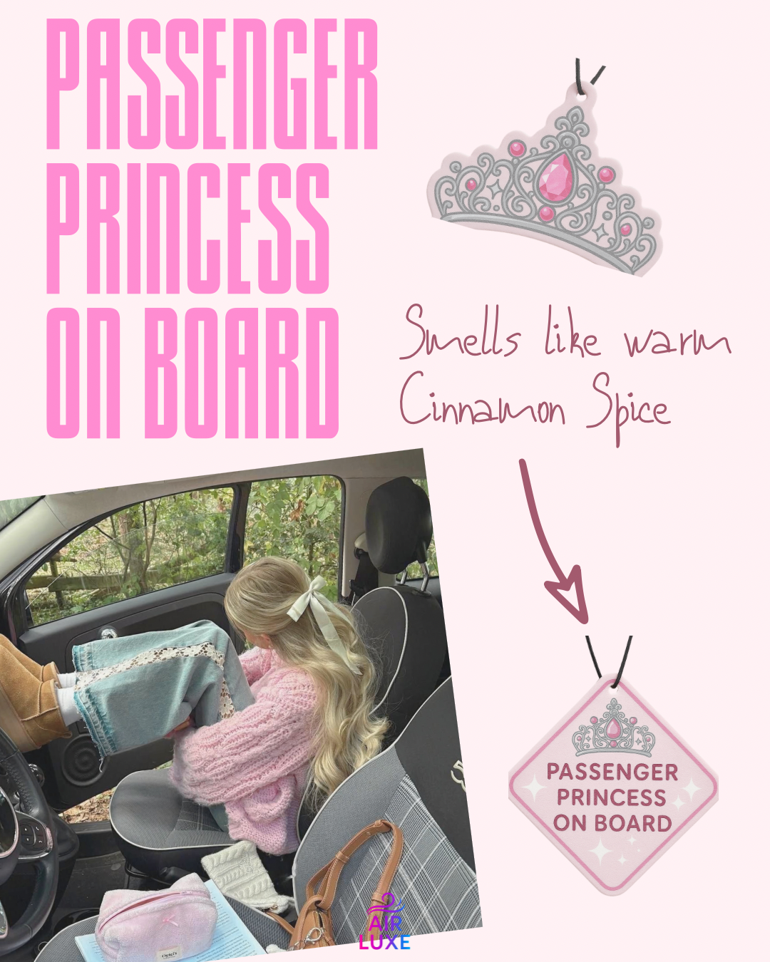 Car interior with a child in a pink sweater, 'Passenger Princess on Board' sign, and cinnamon spice label.