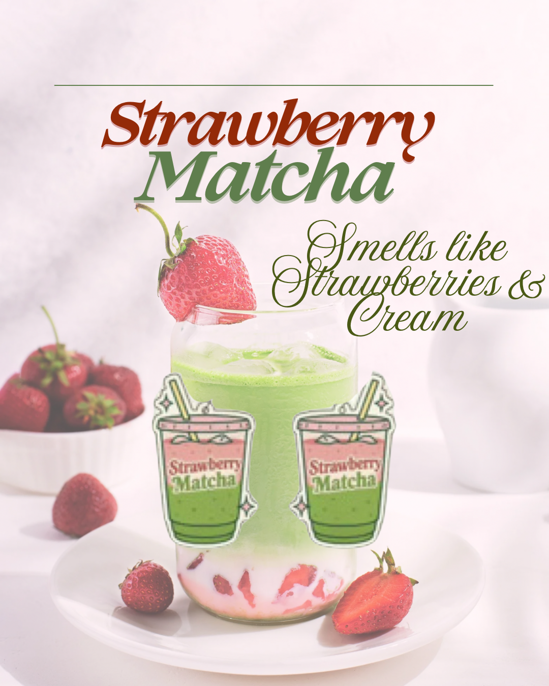 Strawberry Matcha drink with strawberries and cream text on a white background