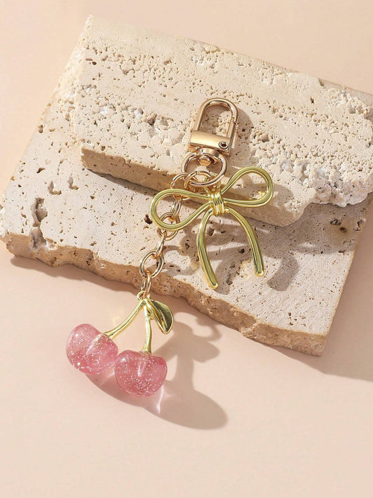 Pink Cherry Blossom Keychain | Gold Bow