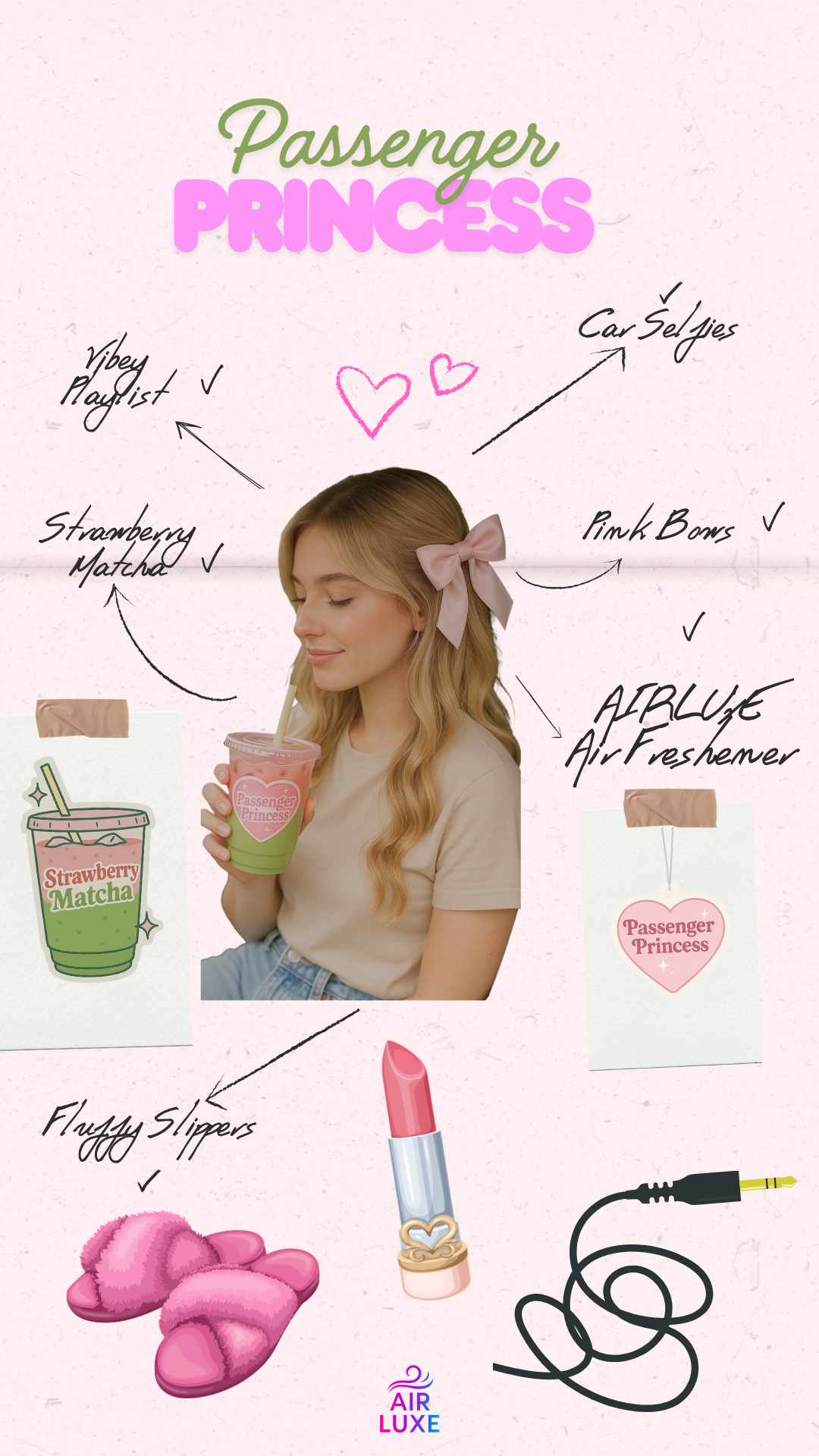 Illustration of a 'Passenger Princess' theme with various items and text.