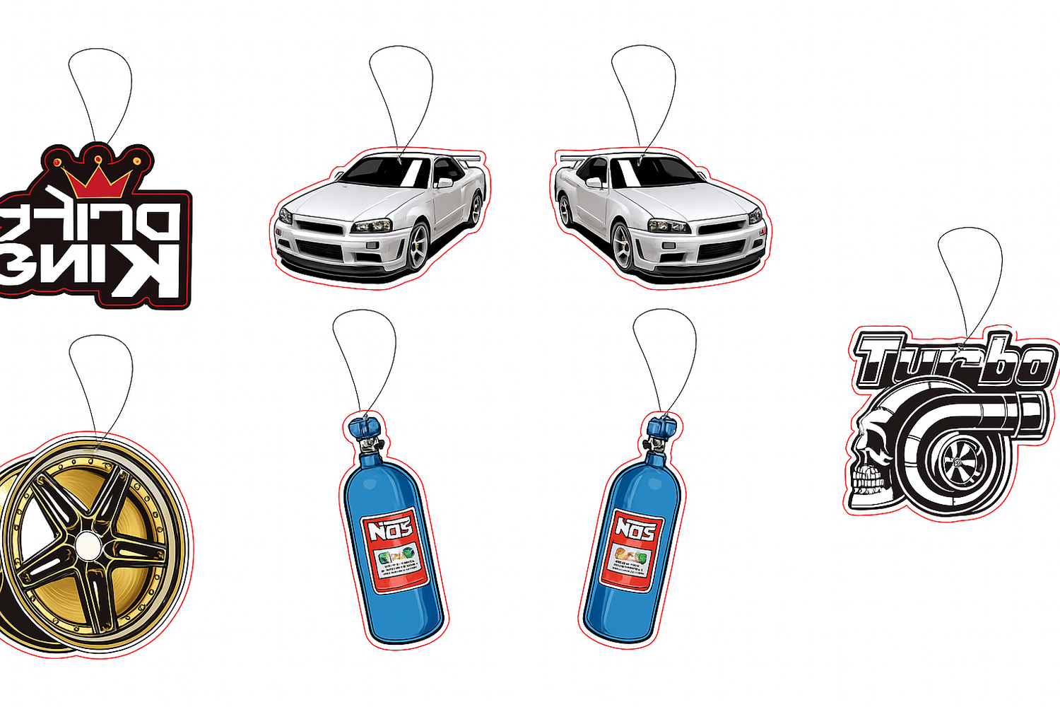 Collection of car-themed air fresheners with branding and graphics on a white background