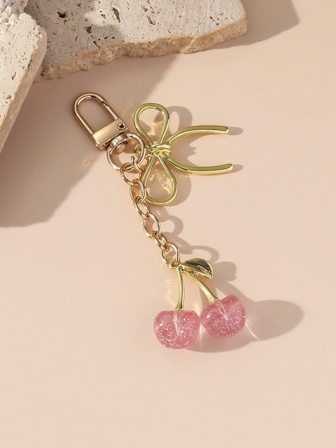 Pink Cherry Blossom Keychain | Gold Bow