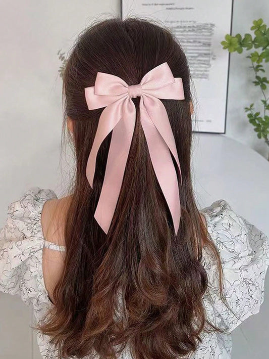 Glittery Ribbon Bow Hair Barrette | Baby Pink