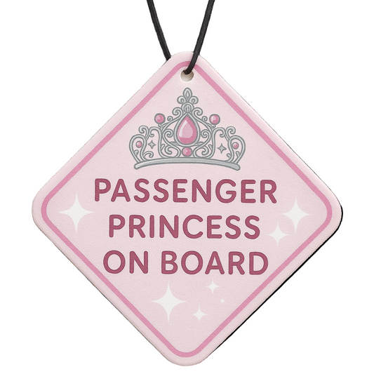 Pink air freshener  with a tiara graphic and 'Passenger Princess on Board' text on a white background